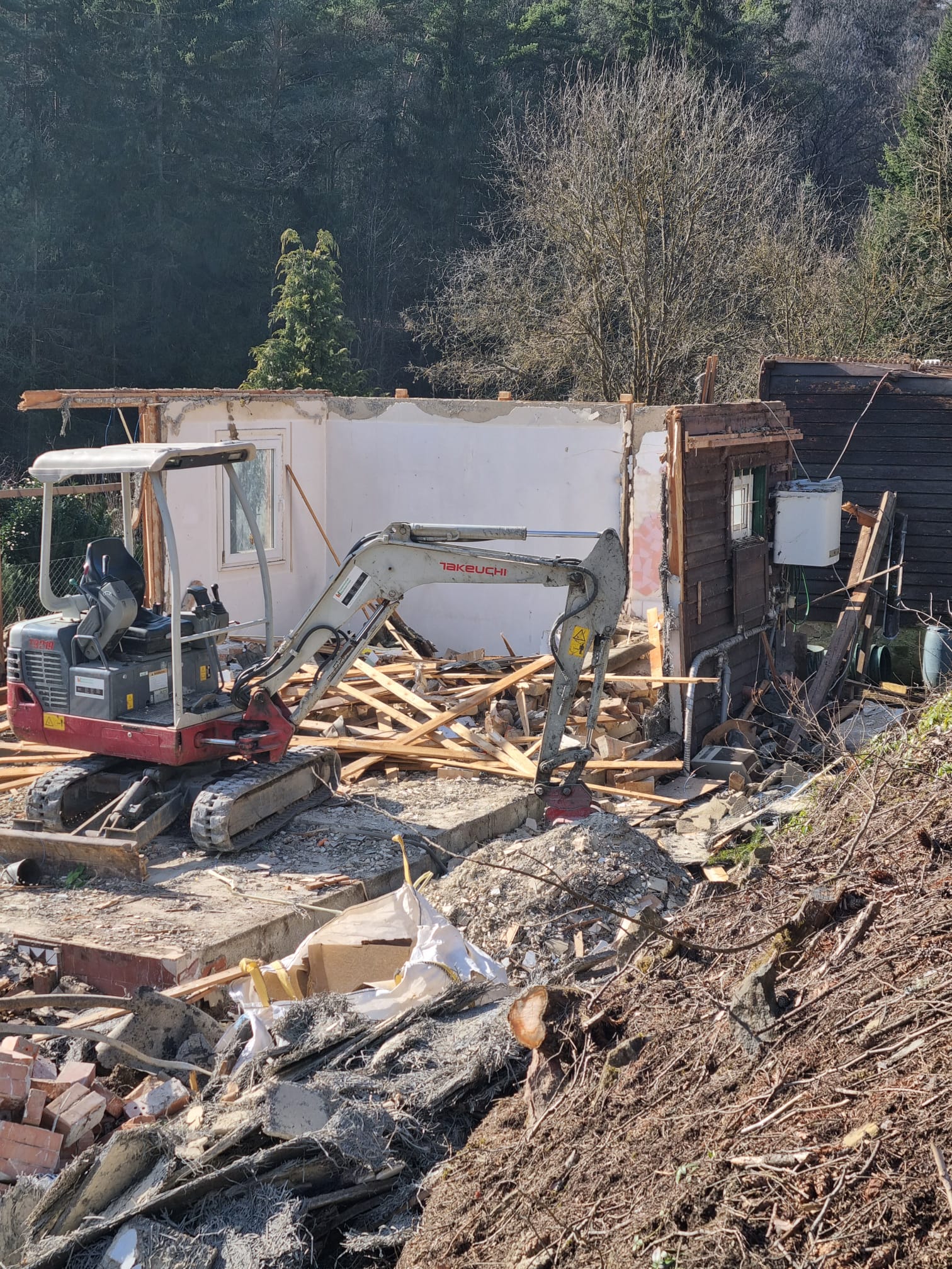 Roter Takeuchi-Minibagger beim Abbruch eines Kleingartenhauses aus Holz