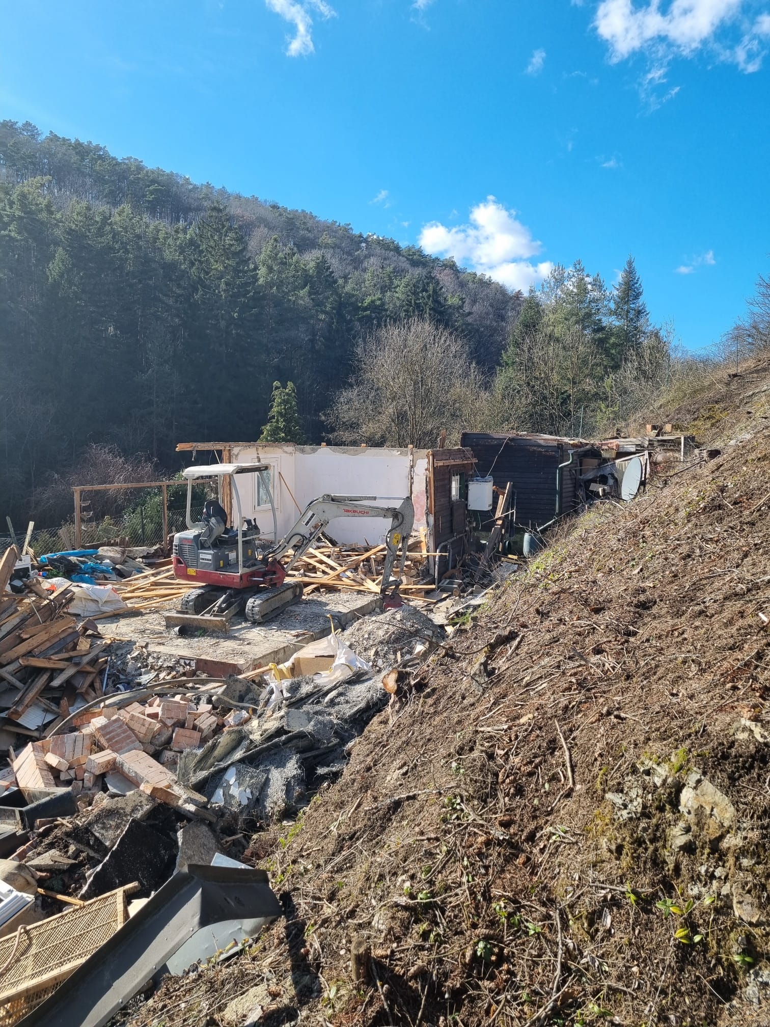 Minibagger-Abbruchbaustelle eines Kleingartenhauses am bewaldeten Hang